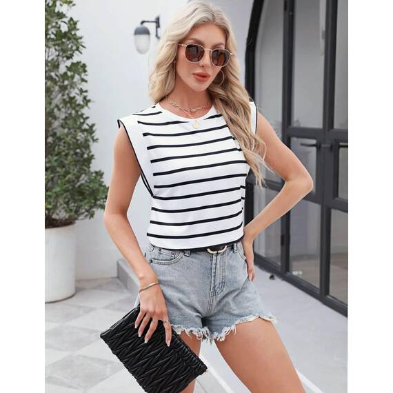 Zeagoo Tops für Damen Locker Basic Tanktop Cap Ärmel Sommertop Elegant Ärmellose T Shirt Gestreift Weiß S