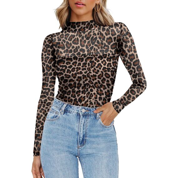 Zeagoo Langarmshirt Damen Rundhal Netzoberteil Sexy Party Top Mesh T Shirt Langarm Frauen Clubwear für Halloween Karneval Leopardenprint XS