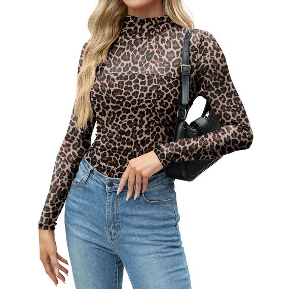 Zeagoo Langarmshirt Damen Rundhal Netzoberteil Sexy Party Top Mesh T Shirt Langarm Frauen Clubwear für Halloween Karneval Leopardenprint XS