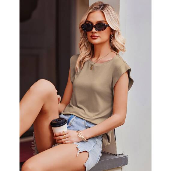 Zeagoo Top Damen Sommer Locker Cap Ärmel Tank Top Basic Tops für Damen Sommertop Elegant Rundhals Ärmellose Bluse Khaki XXL