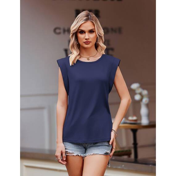 Zeagoo Tanktop Damen Elegant Cap Ärmel Top Basic Rundhals Tops Loose Fit Sommertop Ärmellose Bluse Marineblau L