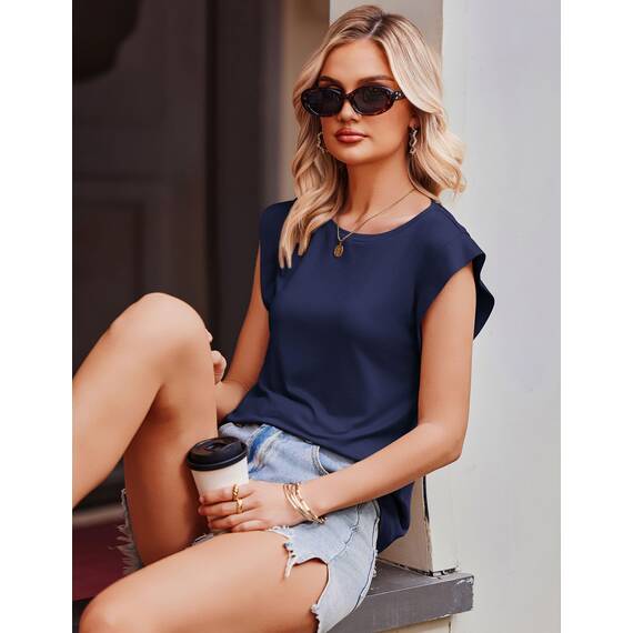 Zeagoo Damen Tank Top Ärmellose Sommer T Shirt Cap Ärmel Tops Rundhals Oberteile Basic Blusentop Marineblau M