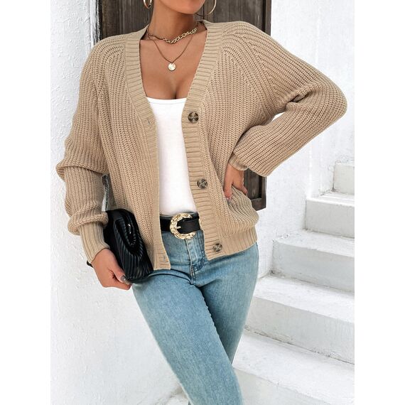 Hotouch Cardigan Damen Strickjacke Laternenärmel Gestrickte Jäckchen Casual Weich V-Ausschnitt Knopfleiste Khaki Strickmantel M