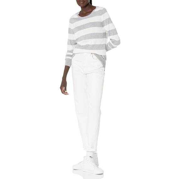 Amazon Essentials Damen Leichter, Langärmeliger Pullover Mit Rundhalsausschnitt (Erhältlich in Übergröße), Hellgrau Meliert Streifen, L