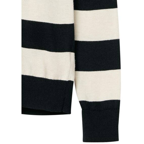 Amazon Essentials Damen Leichter, Langärmeliger Pullover Mit Rundhalsausschnitt (Erhältlich in Übergröße), Schwarz Haferbeige Meliert Rugby-Streifen, L
