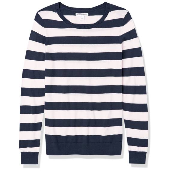 Amazon Essentials Damen Leichter, Langärmeliger Pullover Mit Rundhalsausschnitt (Erhältlich in Übergröße), Marineblau Weiß Rugby-Streifen, XL