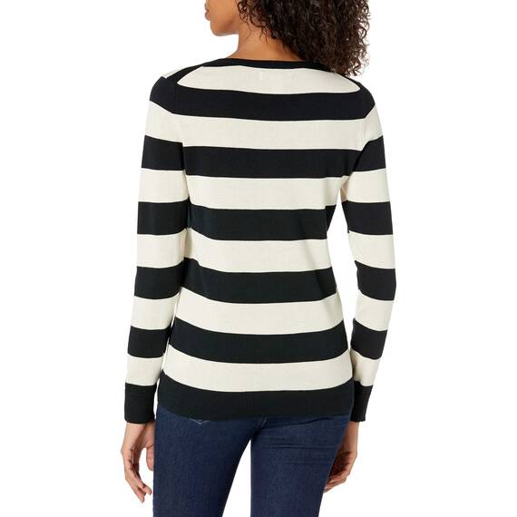 Amazon Essentials Damen Leichter, Langärmeliger Pullover Mit Rundhalsausschnitt (Erhältlich in Übergröße), Schwarz Haferbeige Meliert Rugby-Streifen, L
