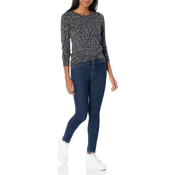 Amazon Essentials Damen Leichter, Langärmeliger Pullover Mit Rundhalsausschnitt (Erhältlich in Übergröße), Grau Gepardenaufdruck, XL