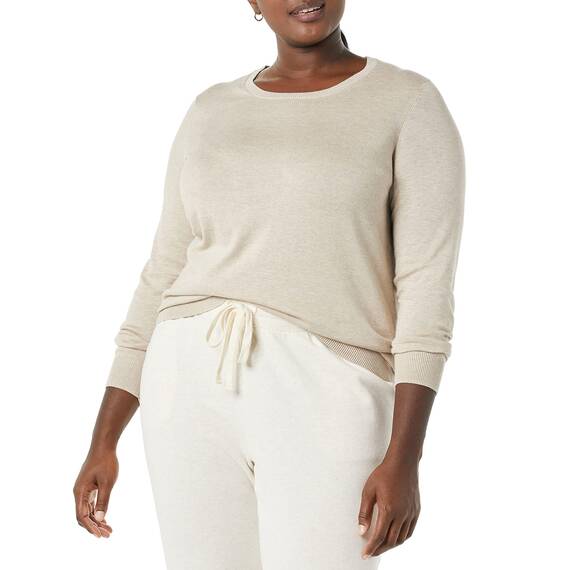 Amazon Essentials Damen Leichter, Langärmeliger Pullover Mit Rundhalsausschnitt (Erhältlich in Übergröße), Haferbeige Meliert, XL