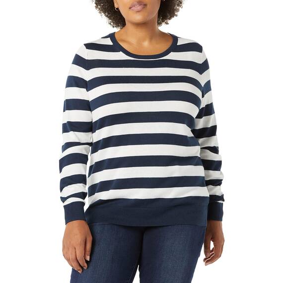 Amazon Essentials Damen Leichter, Langärmeliger Pullover Mit Rundhalsausschnitt (Erhältlich in Übergröße), Marineblau Weiß Rugby-Streifen, XL