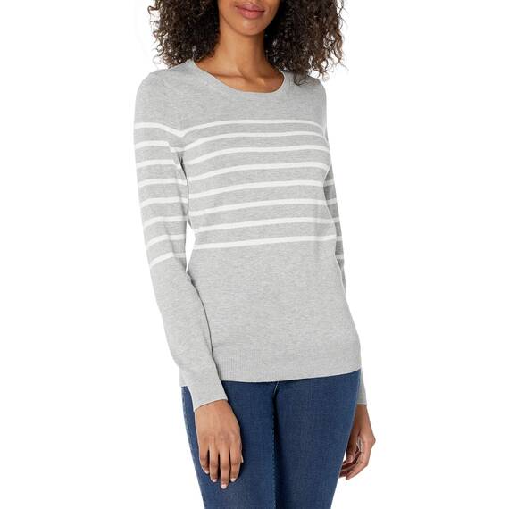 Amazon Essentials Damen Leichter, Langärmeliger Pullover Mit Rundhalsausschnitt (Erhältlich in Übergröße), Hellgrau Meliert Weiß Platzierter Streifen, XL