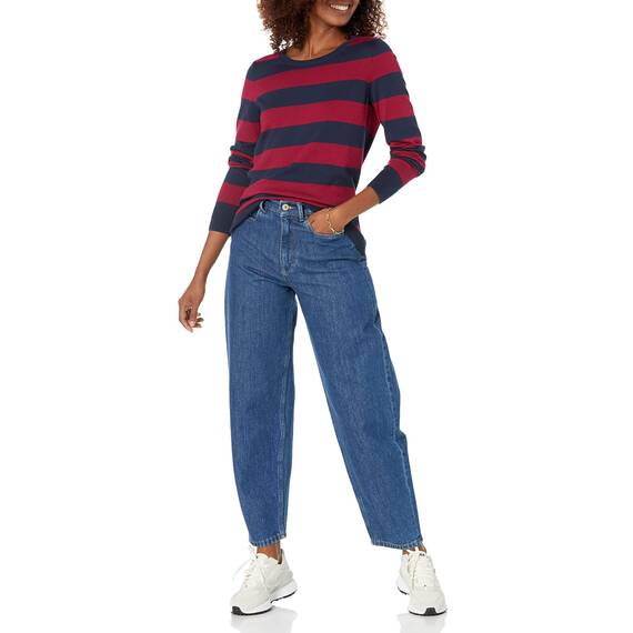 Amazon Essentials Damen Leichter, Langärmeliger Pullover Mit Rundhalsausschnitt (Erhältlich in Übergröße), Burgunderrot Marineblau Rugby-Streifen, XL