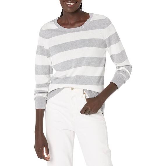 Amazon Essentials Damen Leichter, Langärmeliger Pullover Mit Rundhalsausschnitt (Erhältlich in Übergröße), Hellgrau Meliert Streifen, XL