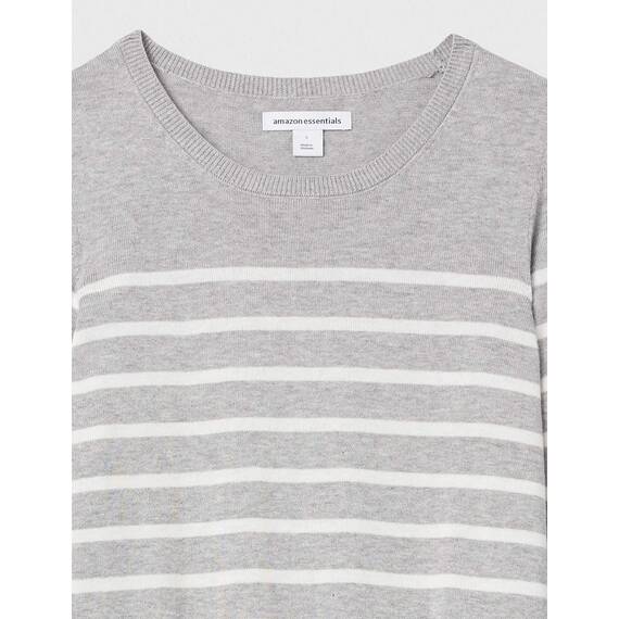 Amazon Essentials Damen Leichter, Langärmeliger Pullover Mit Rundhalsausschnitt (Erhältlich in Übergröße), Hellgrau Meliert Weiß Platzierter Streifen, XL
