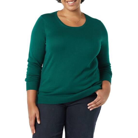 Amazon Essentials Damen Leichter, Langärmeliger Pullover Mit Rundhalsausschnitt (Erhältlich in Übergröße), Dunkelgrün, L