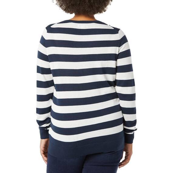 Amazon Essentials Damen Leichter, Langärmeliger Pullover Mit Rundhalsausschnitt (Erhältlich in Übergröße), Marineblau Weiß Rugby-Streifen, XL