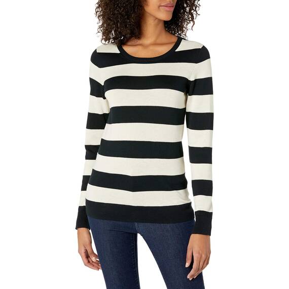 Amazon Essentials Damen Leichter, Langärmeliger Pullover Mit Rundhalsausschnitt (Erhältlich in Übergröße), Schwarz Haferbeige Meliert Rugby-Streifen, L