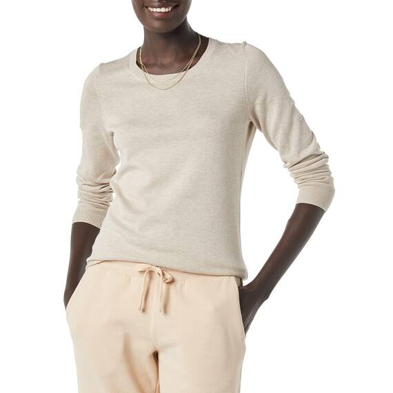 Amazon Essentials Damen Leichter, Langärmeliger Pullover Mit Rundhalsausschnitt (Erhältlich in Übergröße), Haferbeige Meliert, L