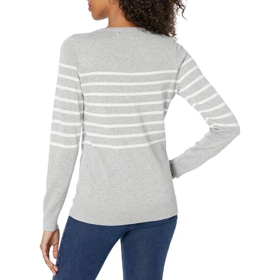 Amazon Essentials Damen Leichter, Langärmeliger Pullover Mit Rundhalsausschnitt (Erhältlich in Übergröße), Hellgrau Meliert Weiß Platzierter Streifen, XL