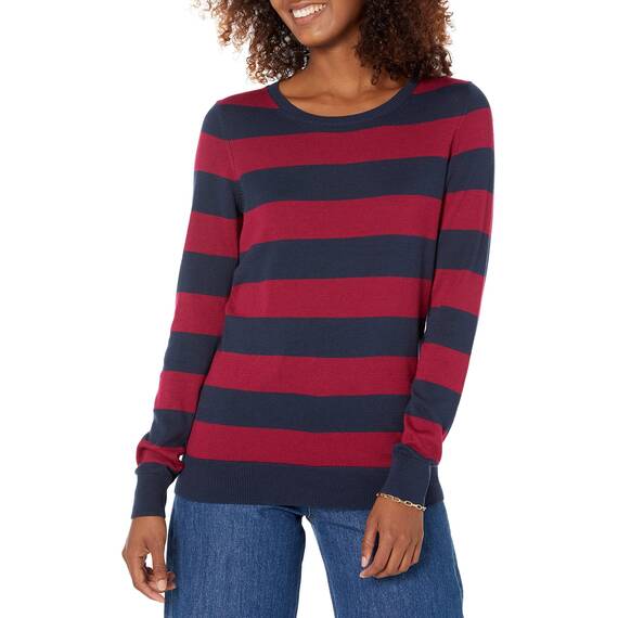 Amazon Essentials Damen Leichter, Langärmeliger Pullover Mit Rundhalsausschnitt (Erhältlich in Übergröße), Burgunderrot Marineblau Rugby-Streifen, XL