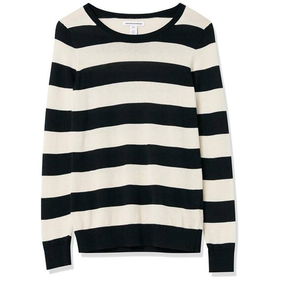 Amazon Essentials Damen Leichter, Langärmeliger Pullover Mit Rundhalsausschnitt (Erhältlich in Übergröße), Schwarz Haferbeige Meliert Rugby-Streifen, L