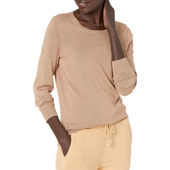Amazon Essentials Damen Leichter, Langärmeliger Pullover Mit Rundhalsausschnitt (Erhältlich in Übergröße), Kamelbraun Meliert, L