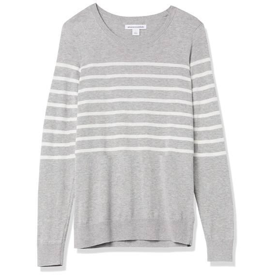 Amazon Essentials Damen Leichter, Langärmeliger Pullover Mit Rundhalsausschnitt (Erhältlich in Übergröße), Hellgrau Meliert Weiß Platzierter Streifen, XL