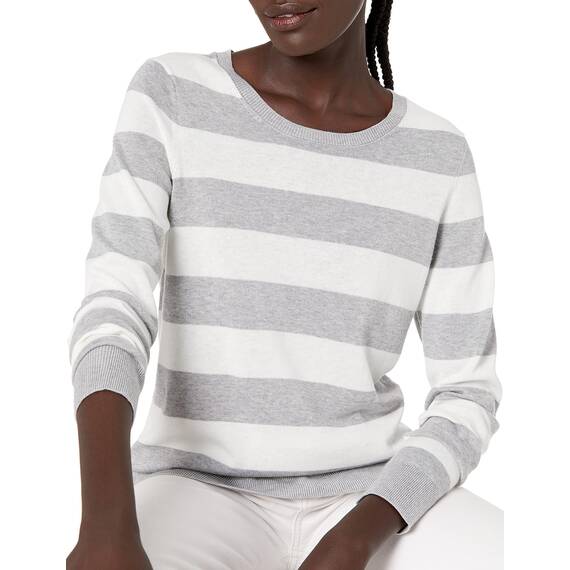 Amazon Essentials Damen Leichter, Langärmeliger Pullover Mit Rundhalsausschnitt (Erhältlich in Übergröße), Hellgrau Meliert Streifen, L