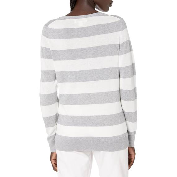 Amazon Essentials Damen Leichter, Langärmeliger Pullover Mit Rundhalsausschnitt (Erhältlich in Übergröße), Hellgrau Meliert Streifen, XL