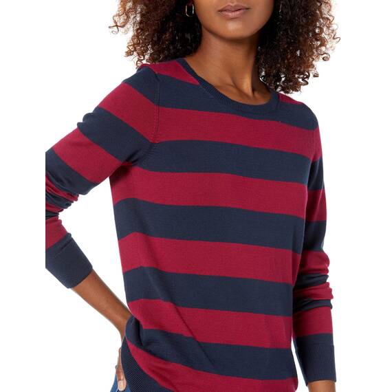 Amazon Essentials Damen Leichter, Langärmeliger Pullover Mit Rundhalsausschnitt (Erhältlich in Übergröße), Burgunderrot Marineblau Rugby-Streifen, XL