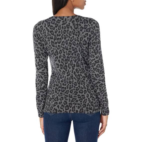 Amazon Essentials Damen Leichter, Langärmeliger Pullover Mit Rundhalsausschnitt (Erhältlich in Übergröße), Grau Gepardenaufdruck, L