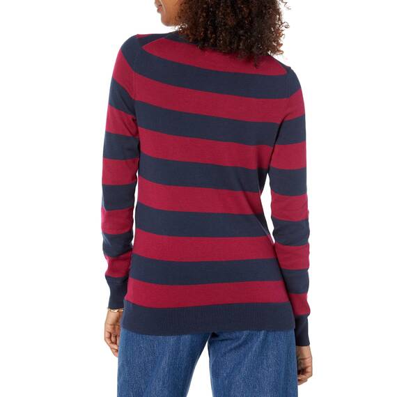 Amazon Essentials Damen Leichter, Langärmeliger Pullover Mit Rundhalsausschnitt (Erhältlich in Übergröße), Burgunderrot Marineblau Rugby-Streifen, XL