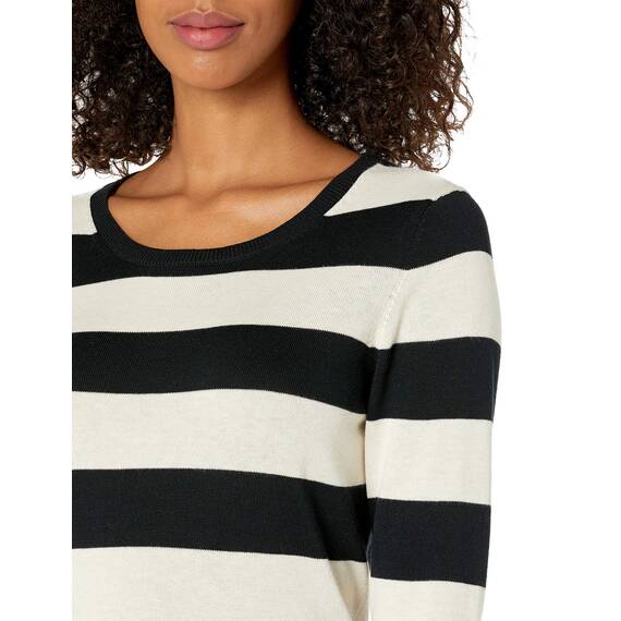Amazon Essentials Damen Leichter, Langärmeliger Pullover Mit Rundhalsausschnitt (Erhältlich in Übergröße), Schwarz Haferbeige Meliert Rugby-Streifen, L