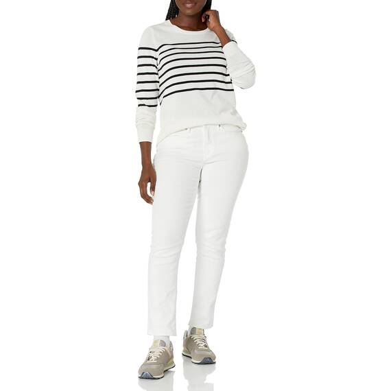 Amazon Essentials Damen Leichter, Langärmeliger Pullover Mit Rundhalsausschnitt (Erhältlich in Übergröße), Schwarz Weiß Platzierter Streifen, XL