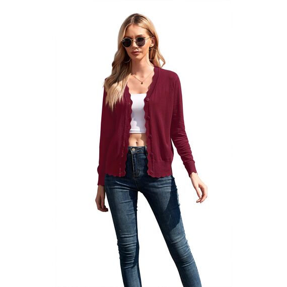 GRECERELLE Strickjacke Damen mit Knöpfen und V Ausschnitt Leichte und sommerliche Cardigan Damen Eleganter mit Spitze (Weinrot, L)