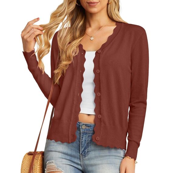 GRECERELLE Strickjacke Damen mit Knöpfen und V Ausschnitt Leichte und Sommerliche Cardigan Damen Eleganter mit Spitze (Rostrot, S)