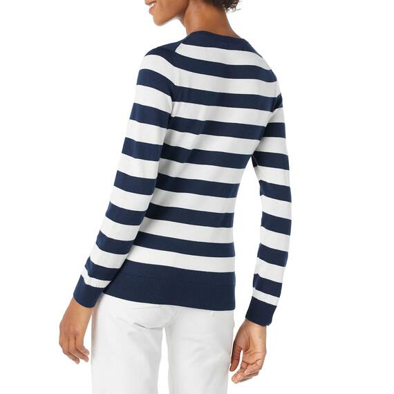 Amazon Essentials Damen Leichter, Langärmeliger Pullover Mit Rundhalsausschnitt (Erhältlich in Übergröße), Marineblau Weiß Rugby-Streifen, XXL