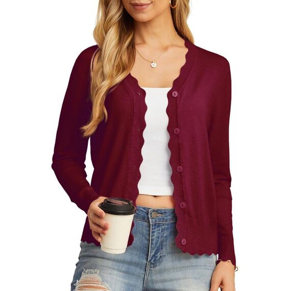 GRECERELLE Strickjacke Damen mit Knöpfen und V Ausschnitt Leichte und sommerliche Cardigan Damen Eleganter mit Spitze (Weinrot, M)