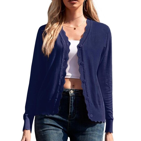GRECERELLE Strickjacke Damen mit Knöpfen und V Ausschnitt Leichte und sommerliche Cardigan Damen Eleganter mit Spitze (Marineblau, S)