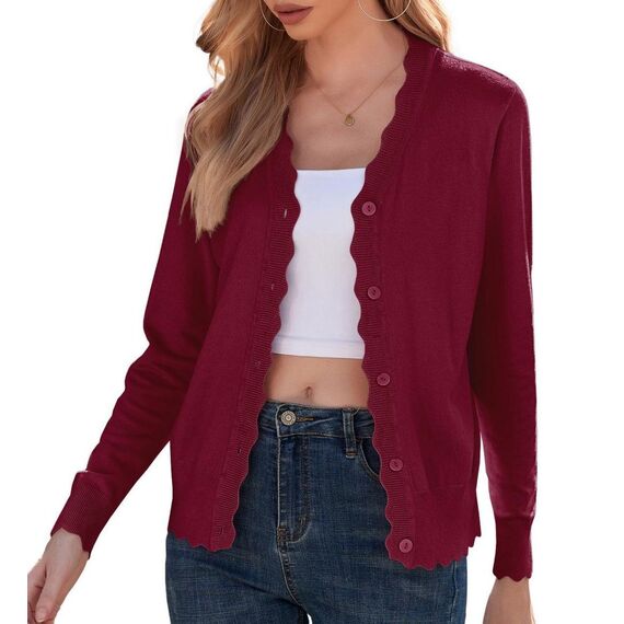 GRECERELLE Strickjacke Damen mit Knöpfen und V Ausschnitt Leichte und sommerliche Cardigan Damen Eleganter mit Spitze (Weinrot, M)