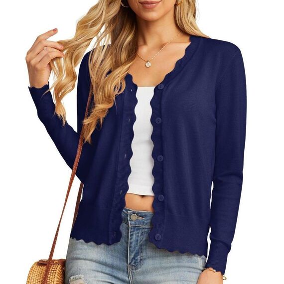 GRECERELLE Strickjacke Damen mit Knöpfen und V Ausschnitt Leichte und sommerliche Cardigan Damen Eleganter mit Spitze (Marineblau, S)