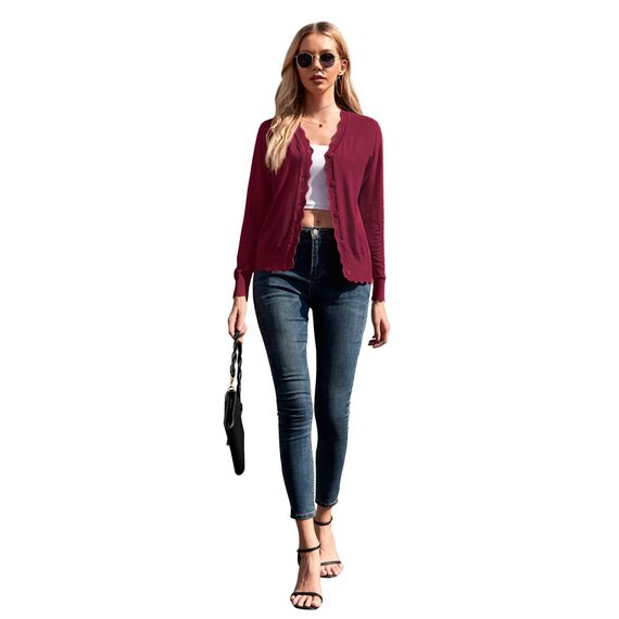 GRECERELLE Strickjacke Damen mit Knöpfen und V Ausschnitt Leichte und sommerliche Cardigan Damen Eleganter mit Spitze (Weinrot, M)