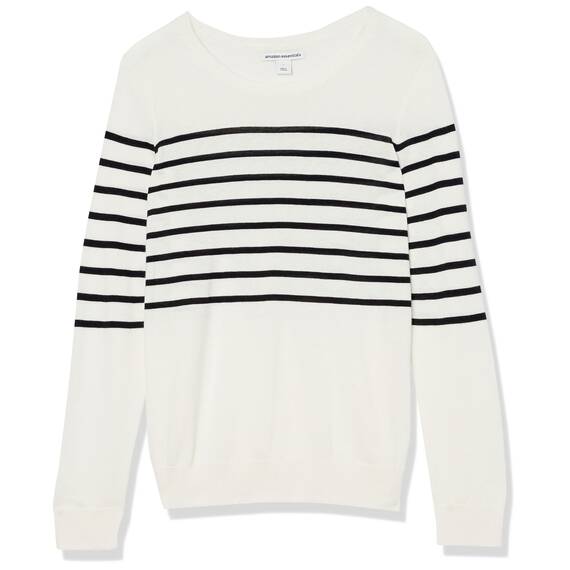 Amazon Essentials Damen Leichter, Langärmeliger Pullover Mit Rundhalsausschnitt (Erhältlich in Übergröße), Schwarz Weiß Platzierter Streifen, XL