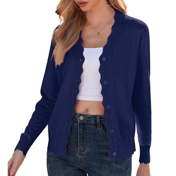 GRECERELLE Strickjacke Damen mit Knöpfen und V Ausschnitt Leichte und sommerliche Cardigan Damen Eleganter mit Spitze (Marineblau, S)