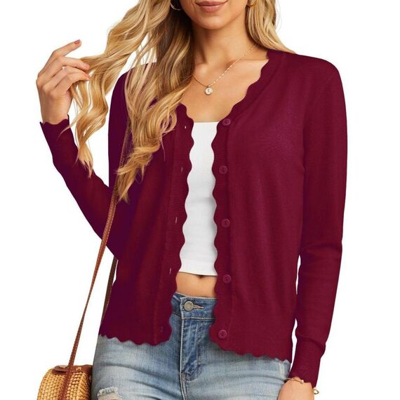 GRECERELLE Strickjacke Damen mit Knöpfen und V Ausschnitt Leichte und sommerliche Cardigan Damen Eleganter mit Spitze (Weinrot, L)