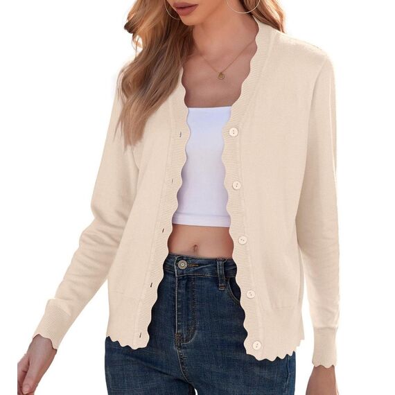 GRECERELLE Strickjacke Damen mit Knöpfen und V Ausschnitt Leichte und sommerliche Cardigan Damen Eleganter mit Spitze (Aprikose, L)