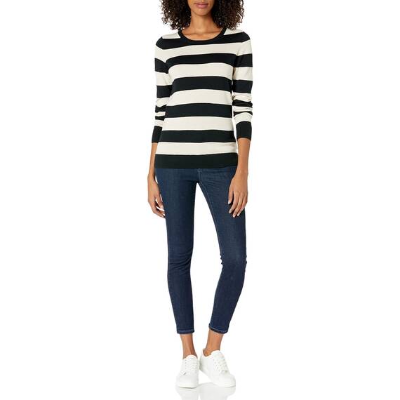 Amazon Essentials Damen Leichter, Langärmeliger Pullover Mit Rundhalsausschnitt (Erhältlich in Übergröße), Schwarz Haferbeige Meliert Rugby-Streifen, XL