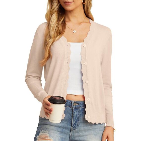 GRECERELLE Strickjacke Damen mit Knöpfen und V Ausschnitt Leichte und sommerliche Cardigan Damen Eleganter mit Spitze (Aprikose, L)