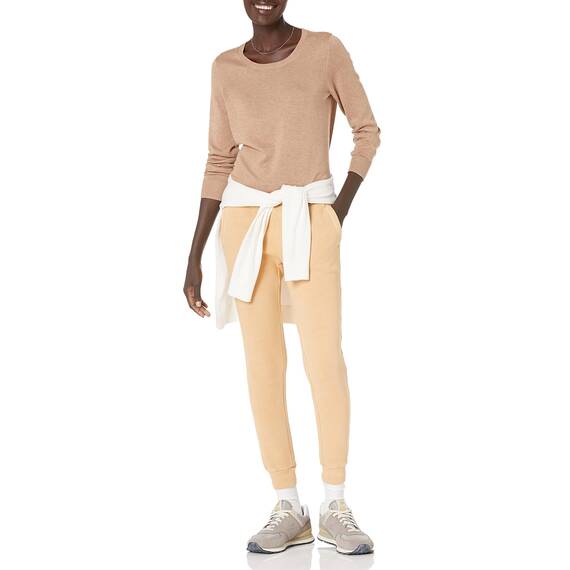 Amazon Essentials Damen Leichter, Langärmeliger Pullover Mit Rundhalsausschnitt (Erhältlich in Übergröße), Kamelbraun Meliert, XXL