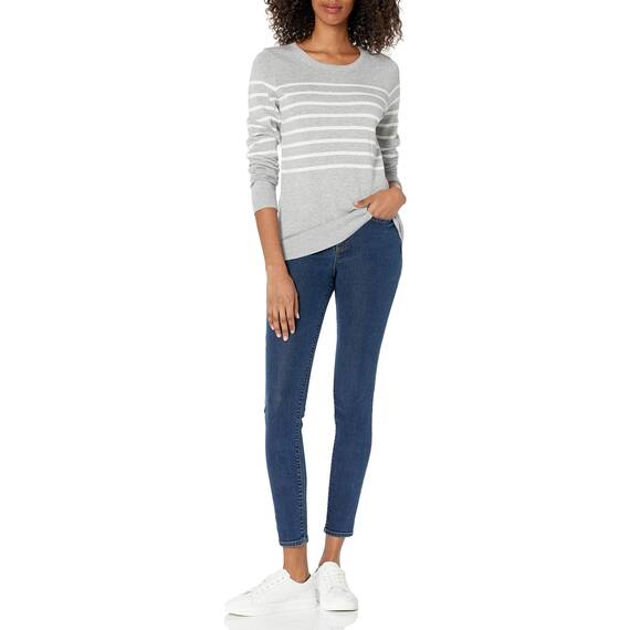 Amazon Essentials Damen Leichter, Langärmeliger Pullover Mit Rundhalsausschnitt (Erhältlich in Übergröße), Hellgrau Meliert Weiß Platzierter Streifen, XXL